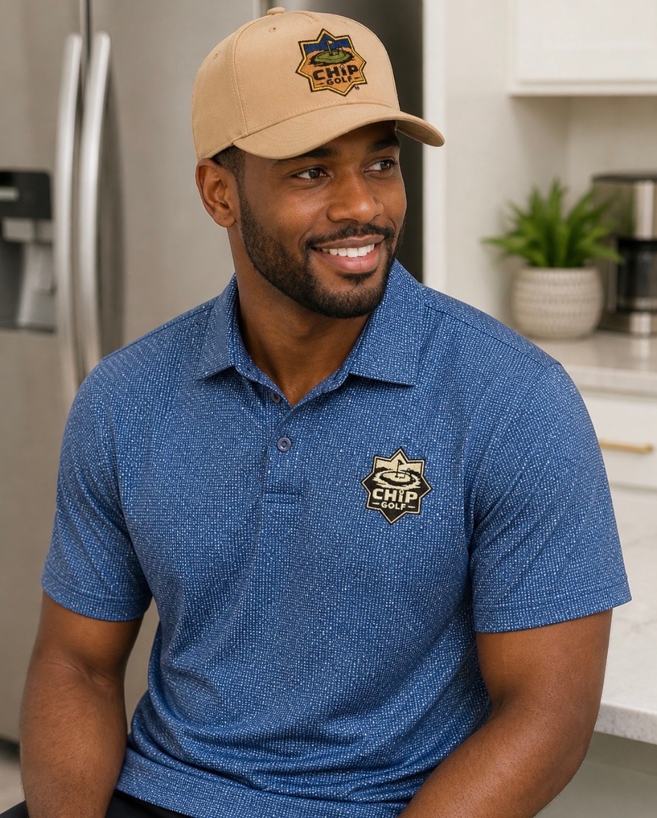 CHiP Golf model wearing The Course Polo on course