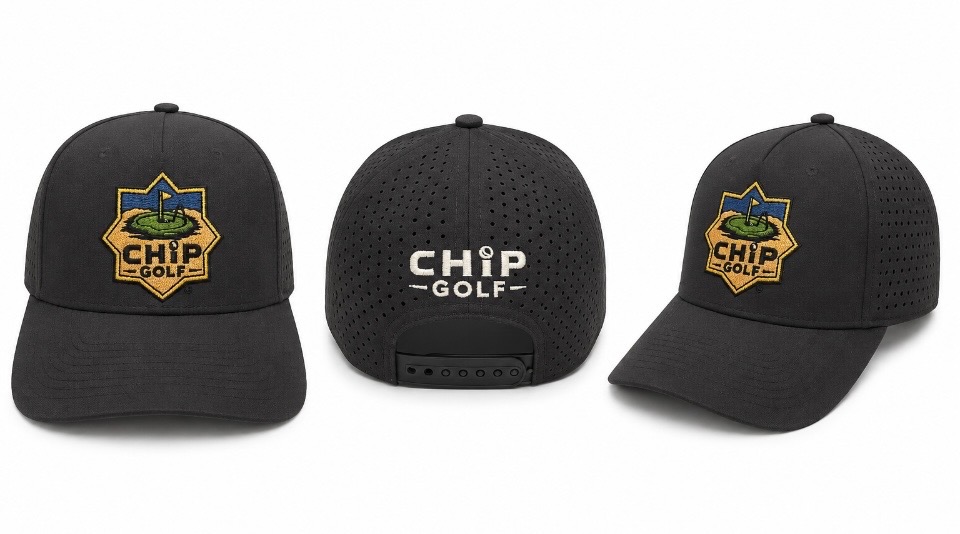 The Crest Cap in black with color crest, front, back, and side views