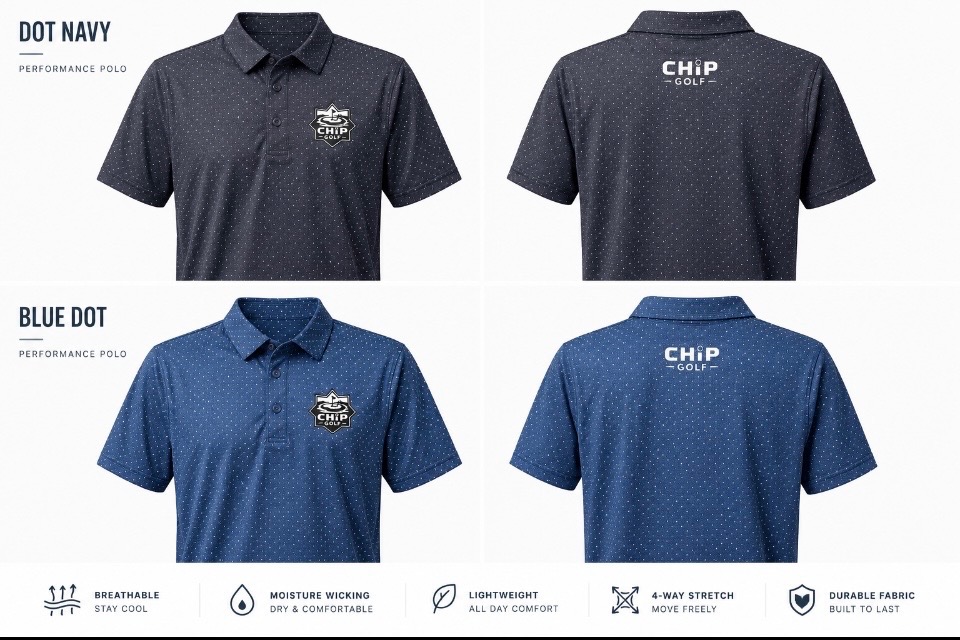 The Course Polo in dot navy and blue dot, front and back views